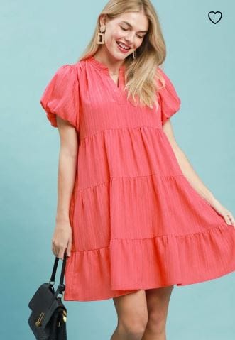 Coral Puff Sleeve Tiered Babydoll Dress