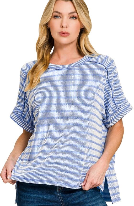Cornflower Blue Raised Ribbed Exposed Seam Top