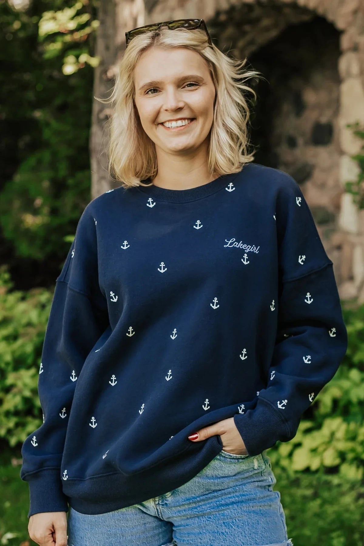 Navy Fleece Anchor Crew Lakegirl Sweatshirt