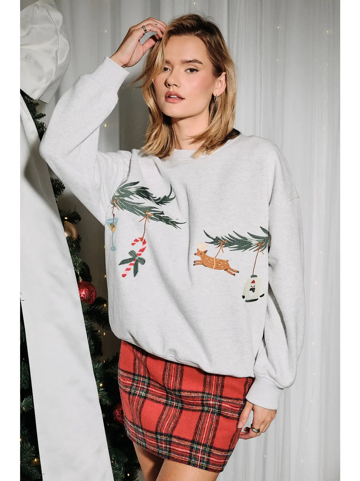 Melange Embroidered Christmas Ornament Sweatshirt