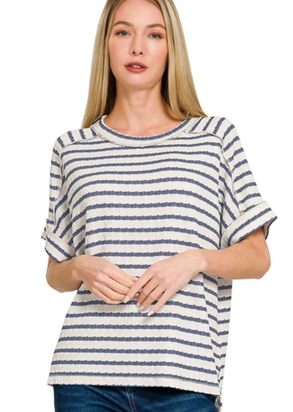 Denim Blue Stripe Textured Hi-Low Top