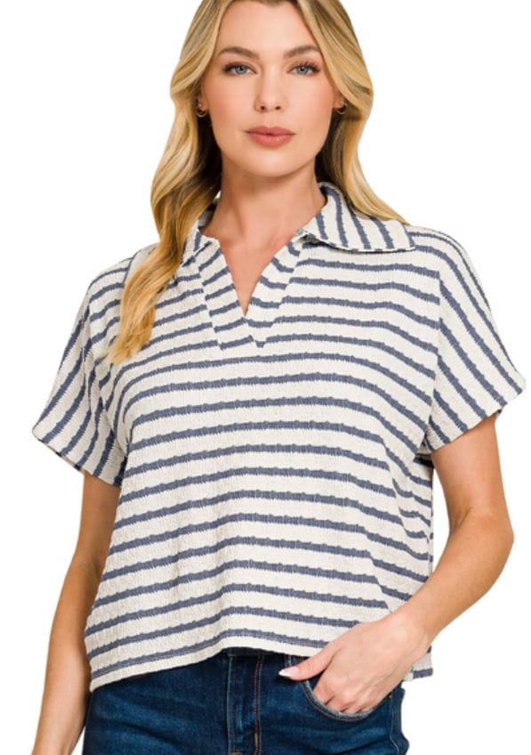 Denim Stripe Split Neck Collared Top
