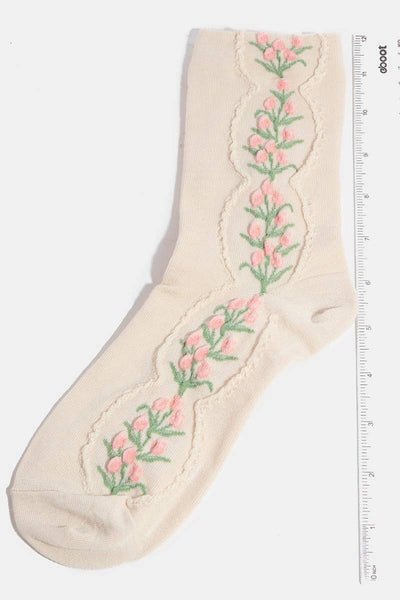 Beige Floral Tulip Vine Embroidered Socks