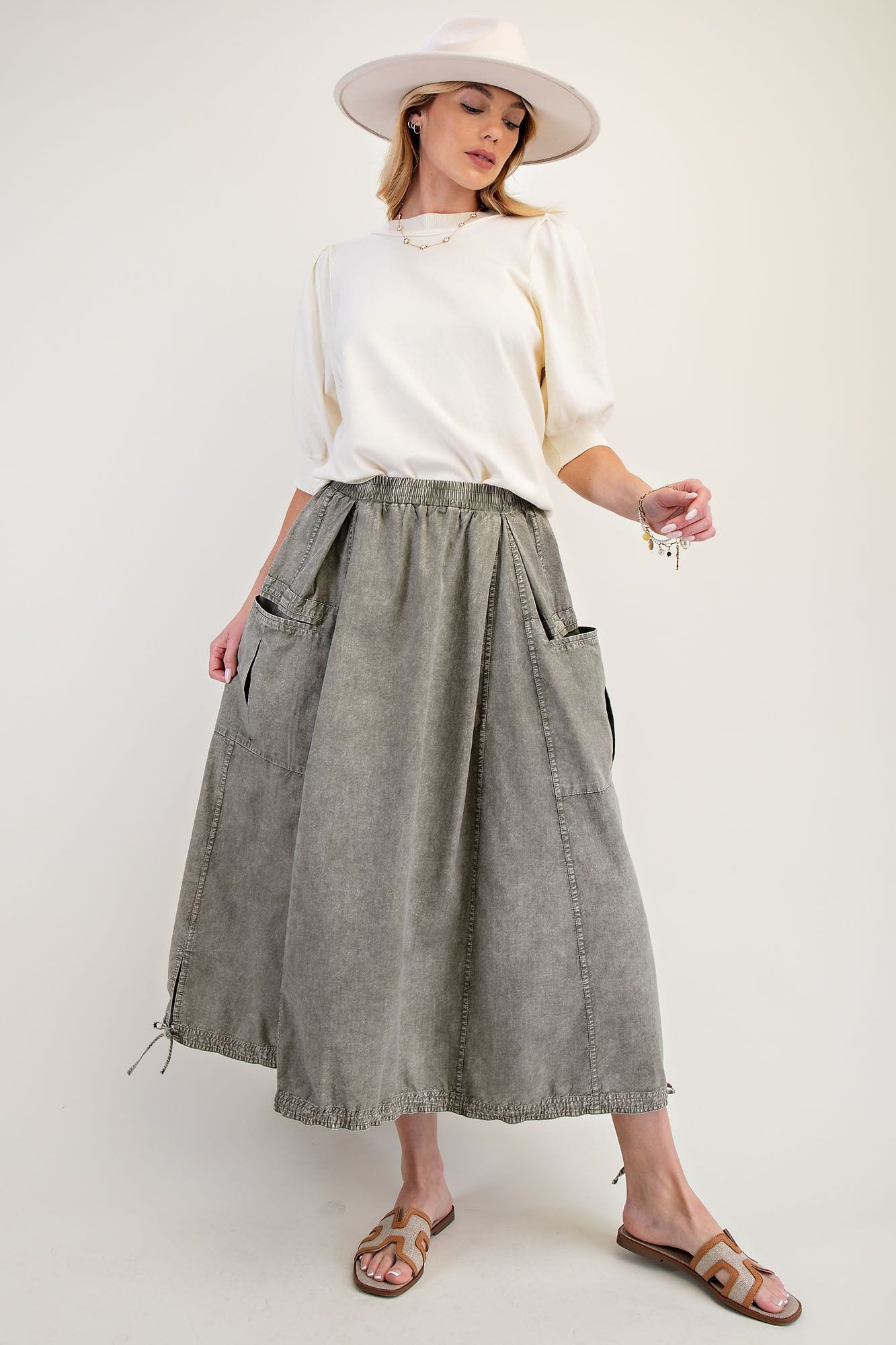 Faded Olive Mineral Washed Twill Cargo Skirt styled