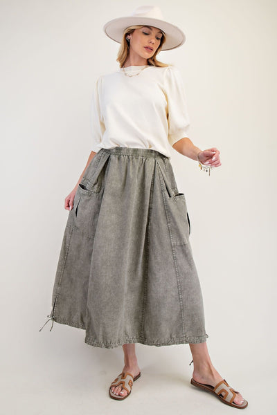 Faded Olive Mineral Washed Twill Cargo Skirt styled