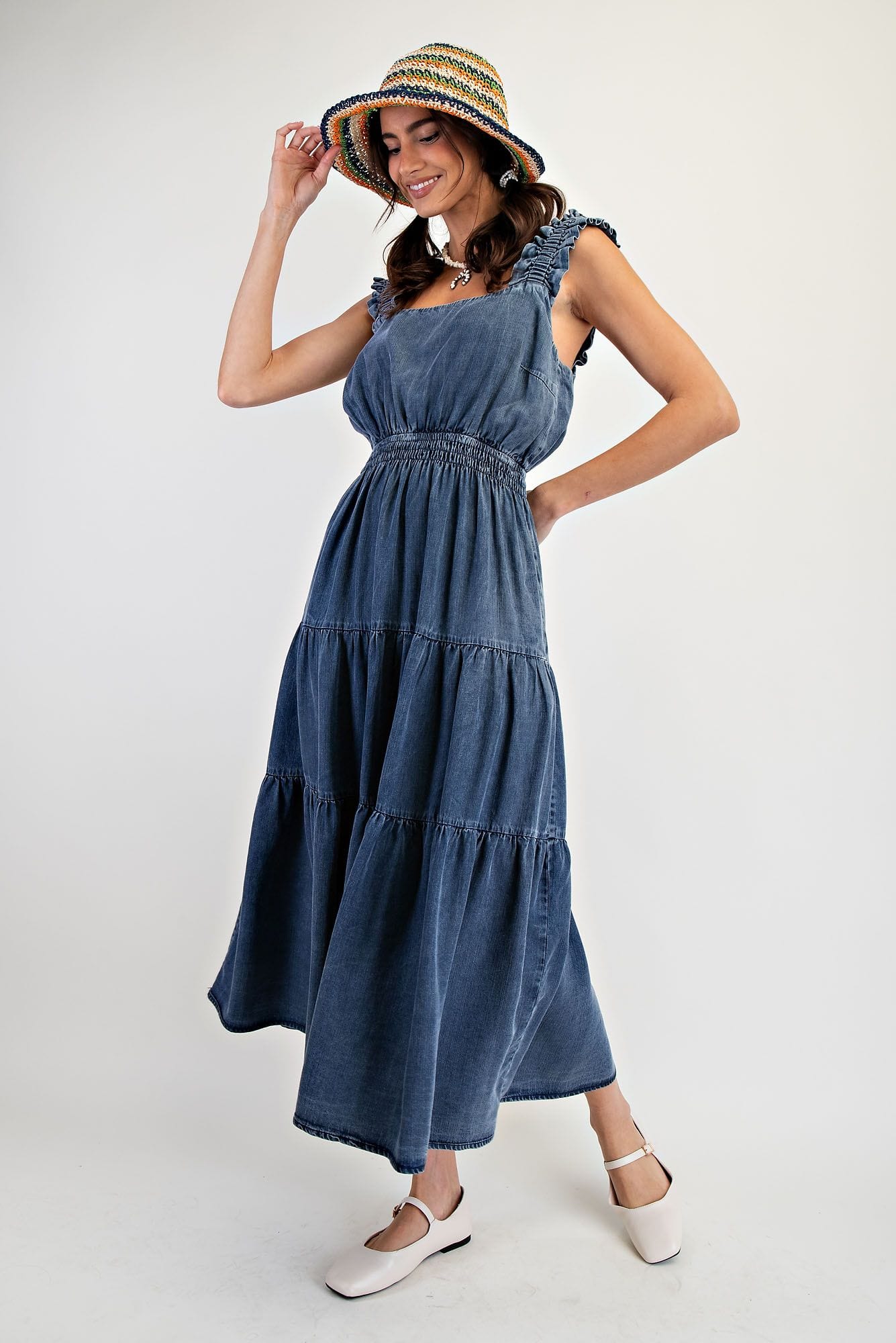 Washed Denim Ruffle Straps Tiered Maxi Dress