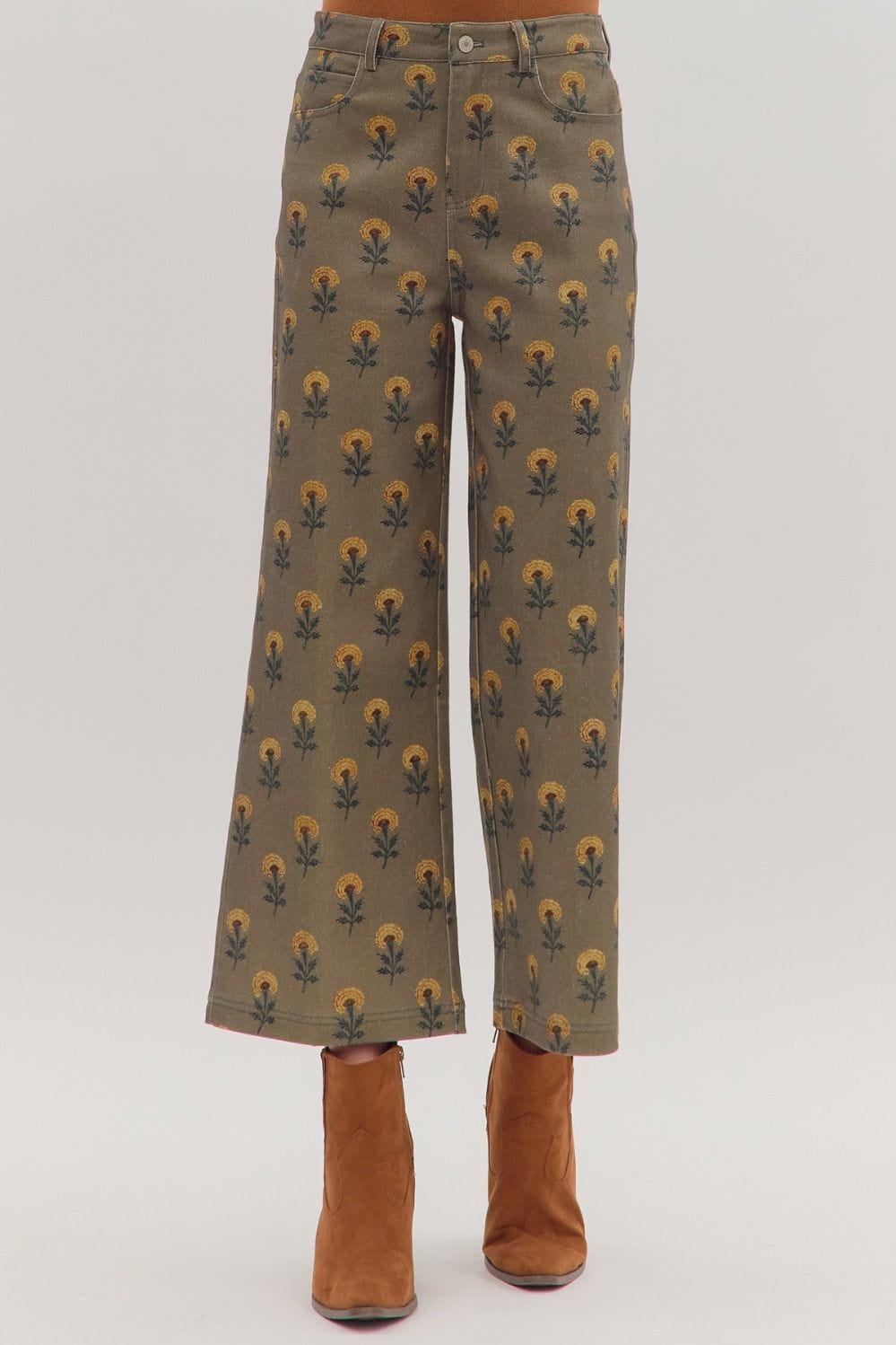 Olive Botanical Print Wide Leg Pants