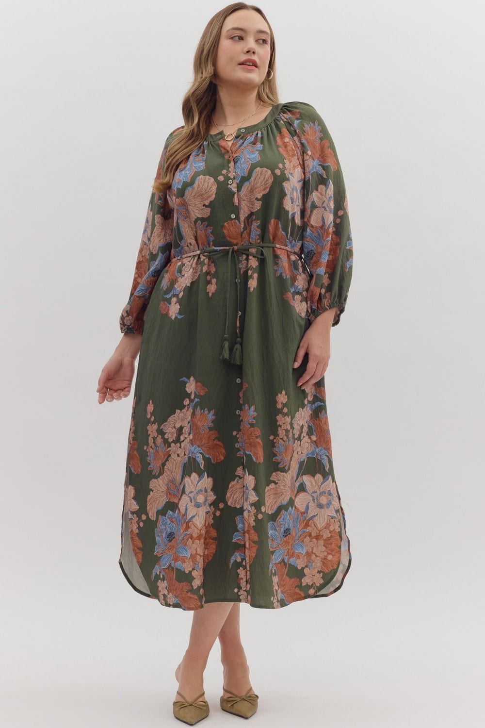 Olive Floral Print Midi Dress