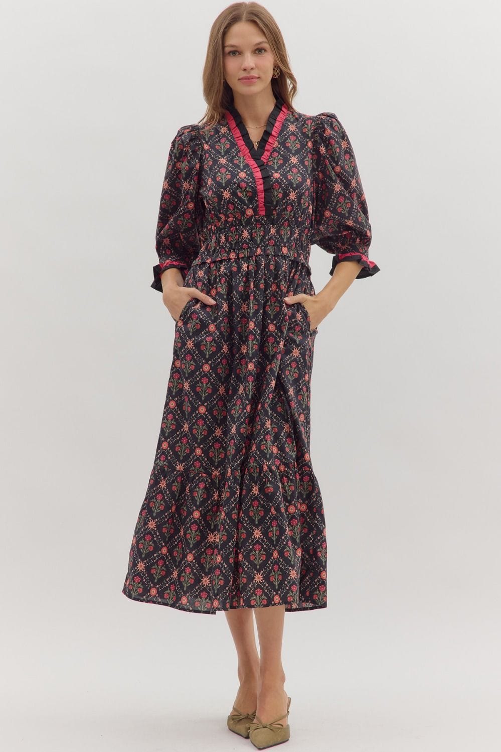 Black Floral Puff Sleeve Ruffle Neck Midi Dress