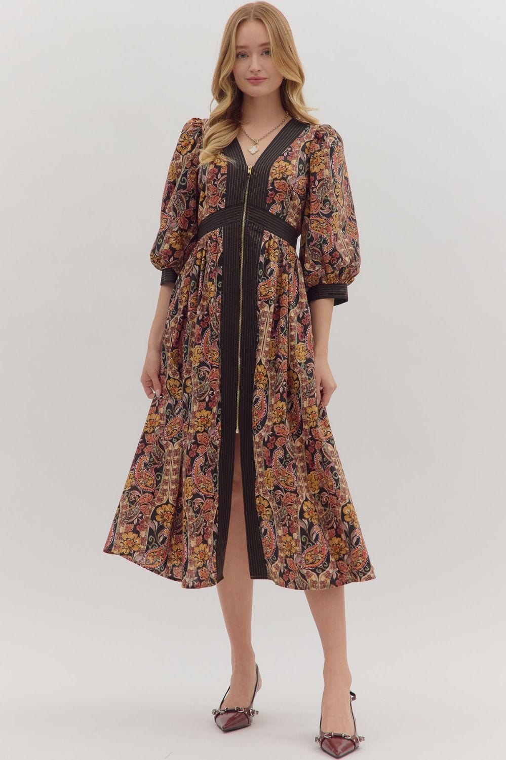 Black Paisley Print Midi Zipper Dress