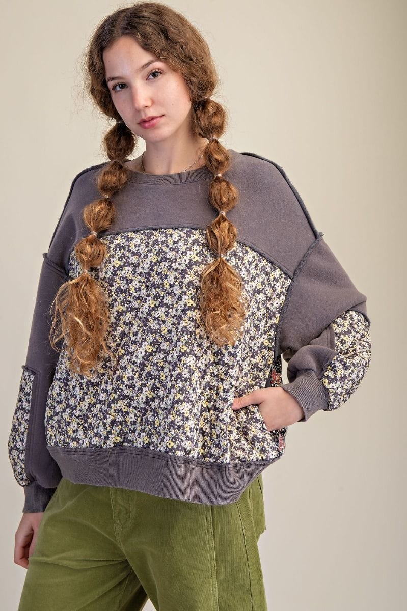 Navy Quilted Mix Print Washed Terry Pullover