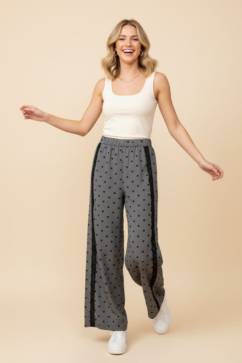 Charcoal Polka Dot with Lace Trim Wide Leg Pant
