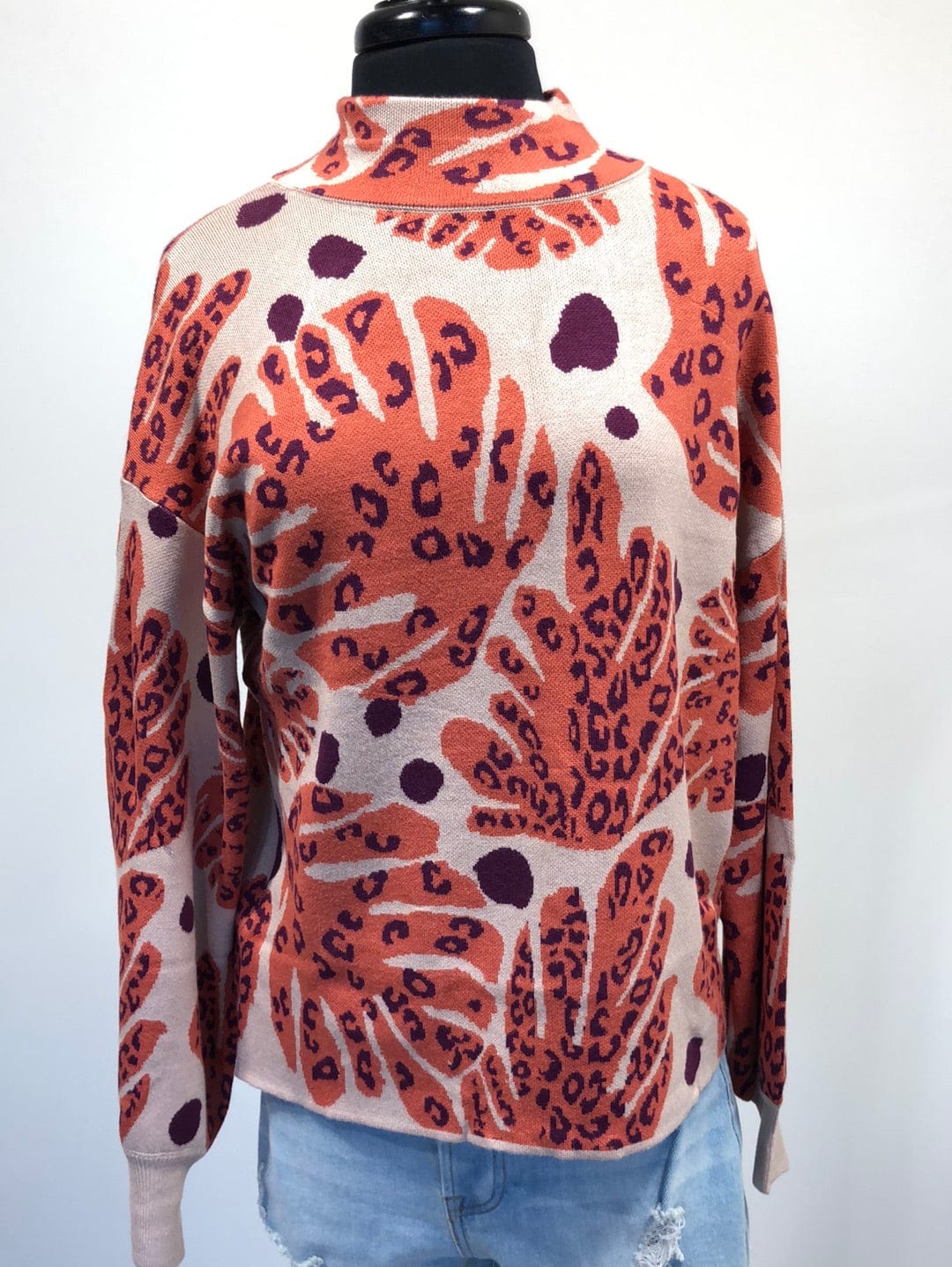 Taupe & Rust Leaves Mock Neck Pullover