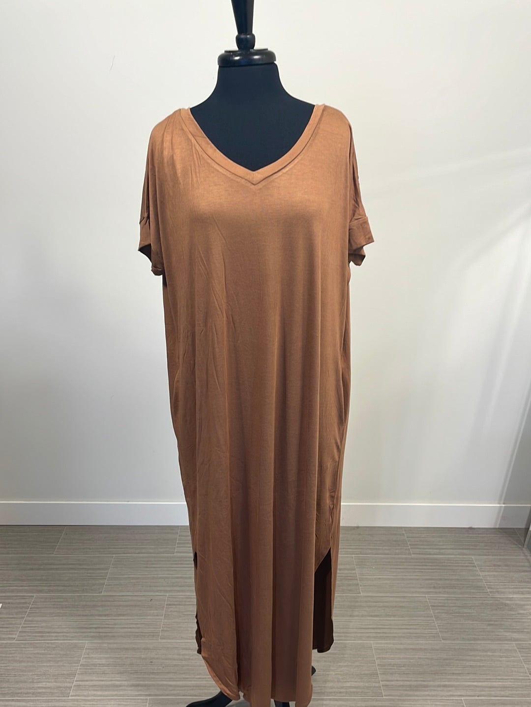 Deep Camel VNeck Maxi Dress