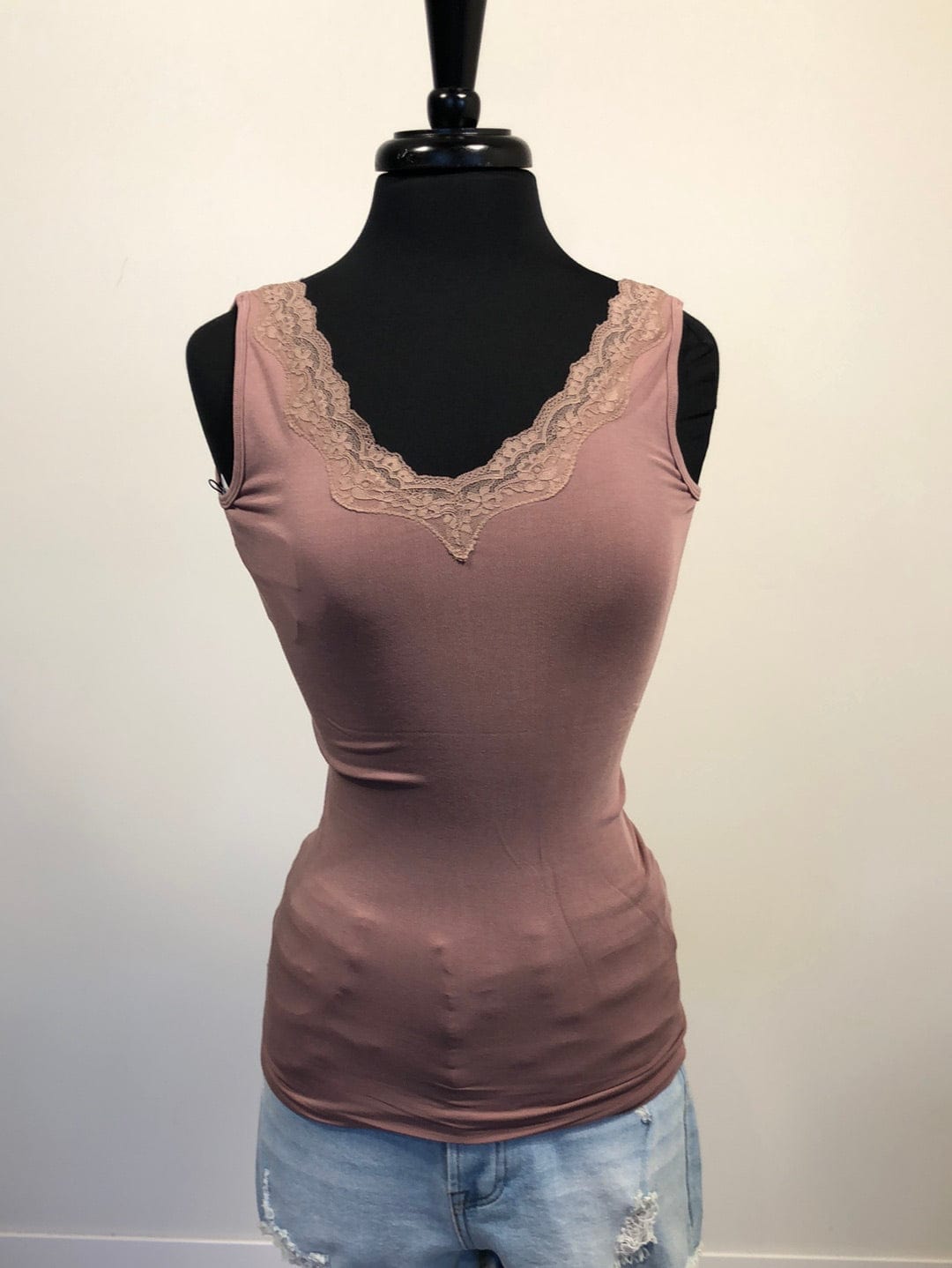 Mauve Lace Trim V-Neck Tank