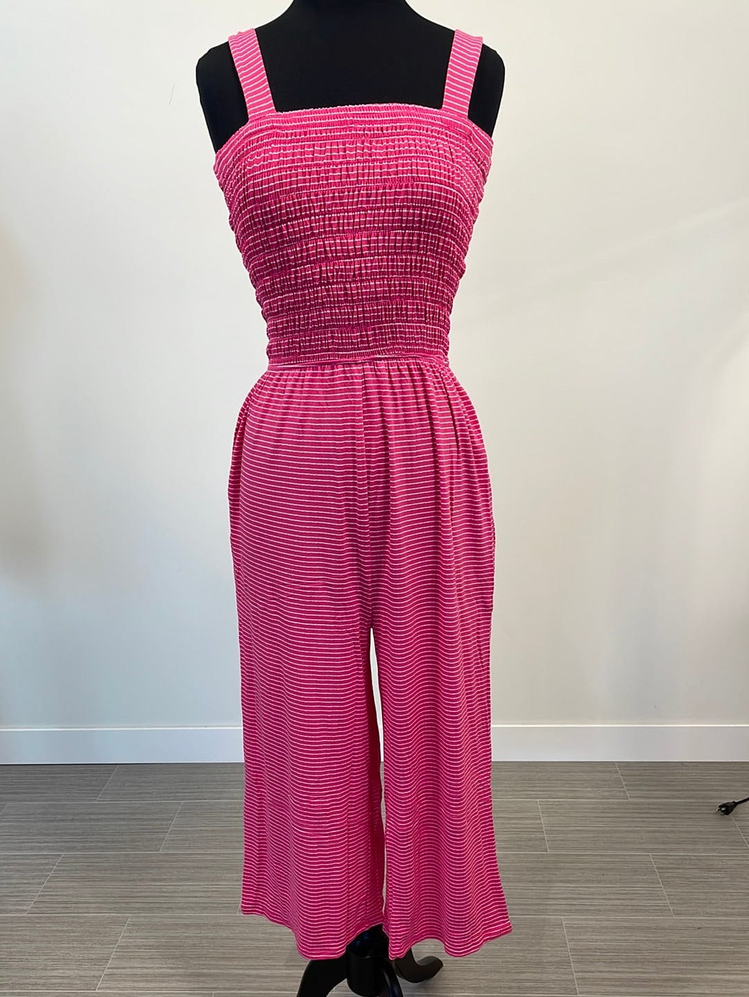 Hot Pink & Ivory Striped Smocked Top Pocket Jumpsuit
