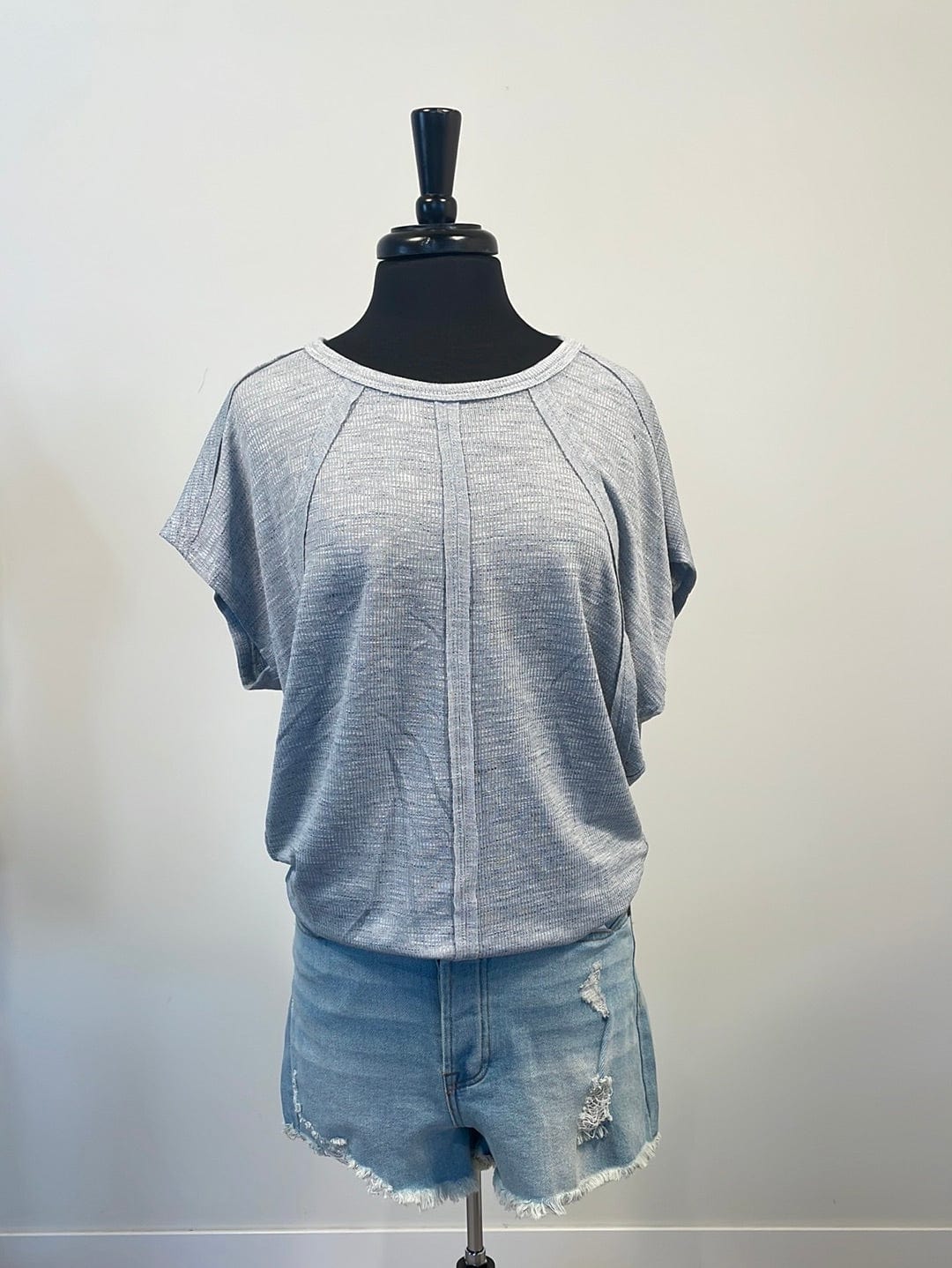 Shimmer Blue Detailed Shortsleeve Waffle Top