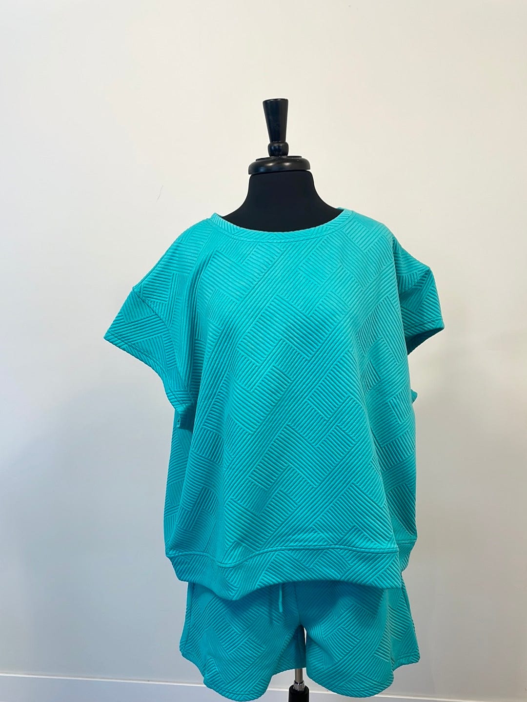 Turquoise Textured Short Sleeve Sweatshirt Top