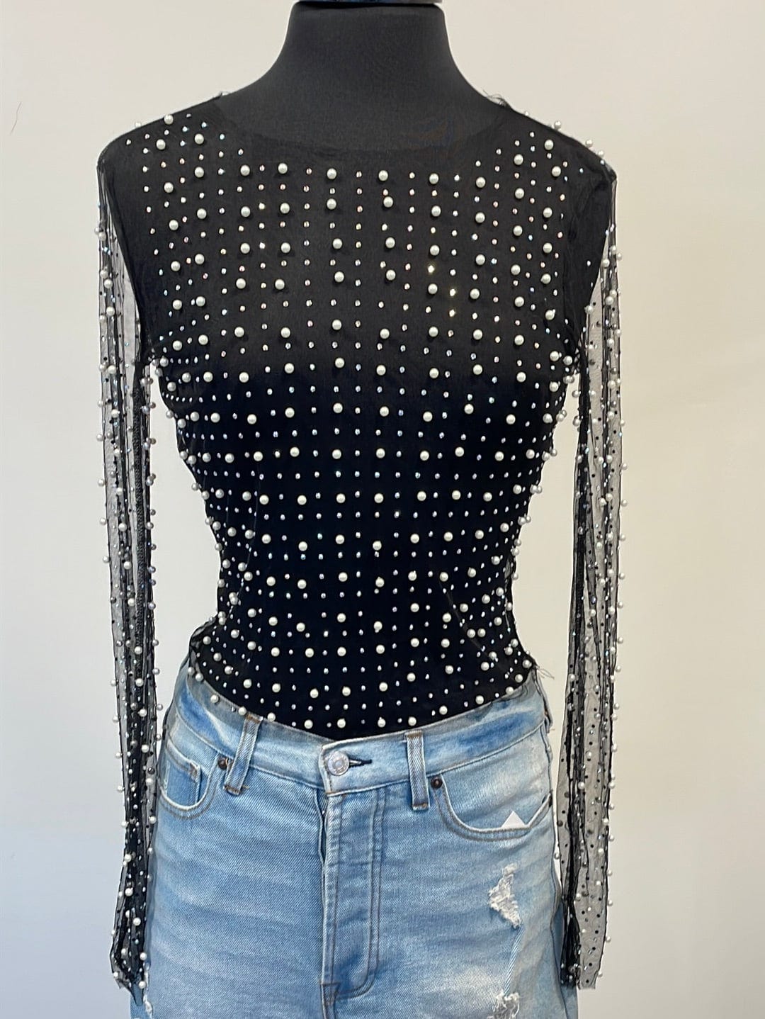 Elegant Black Sheer Top w/Pearls