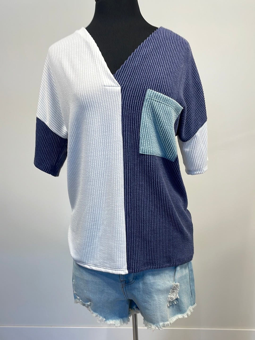 White & Indigo Colorblock Top