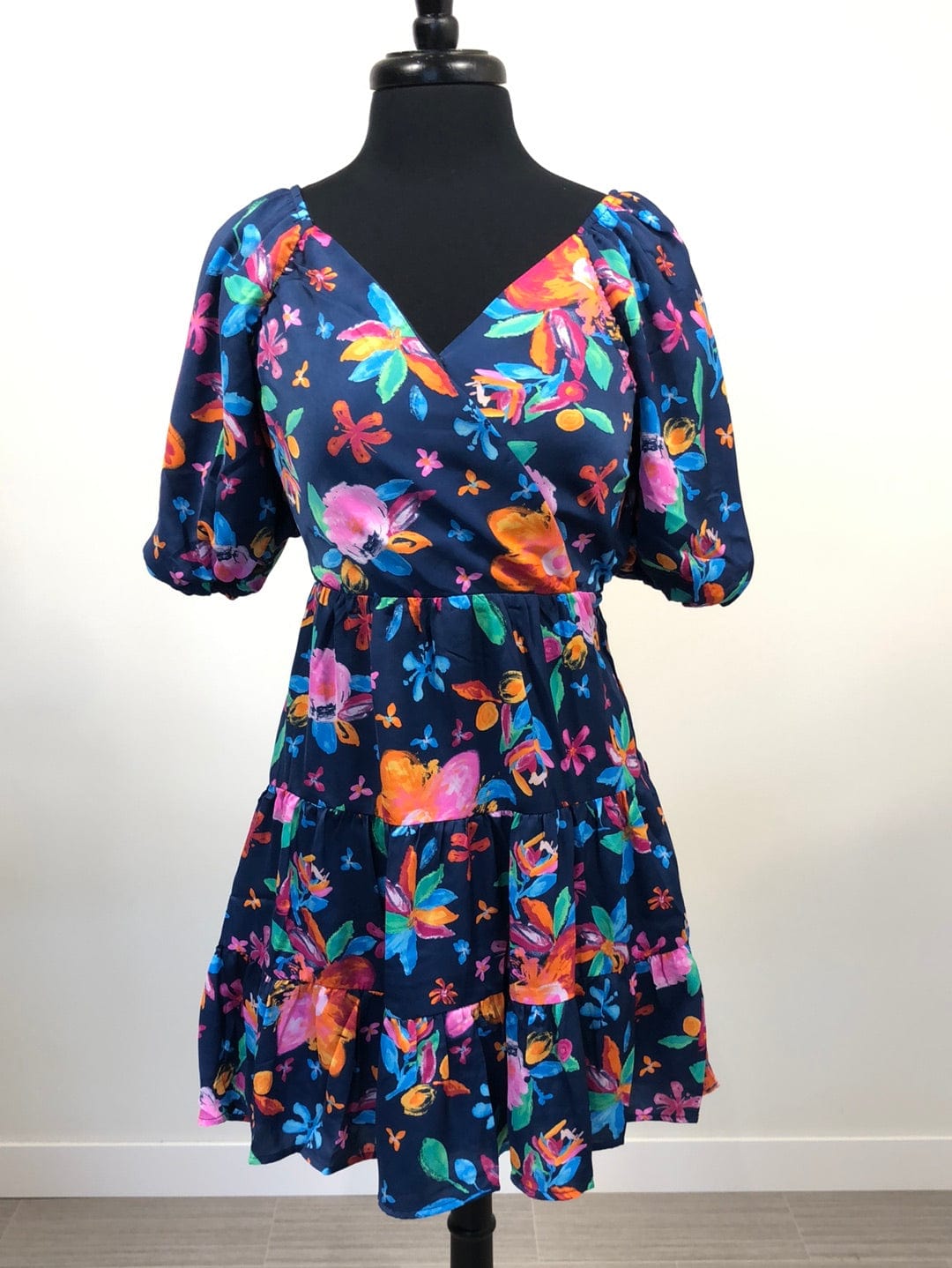 Navy Dress Floral Surplice Dress