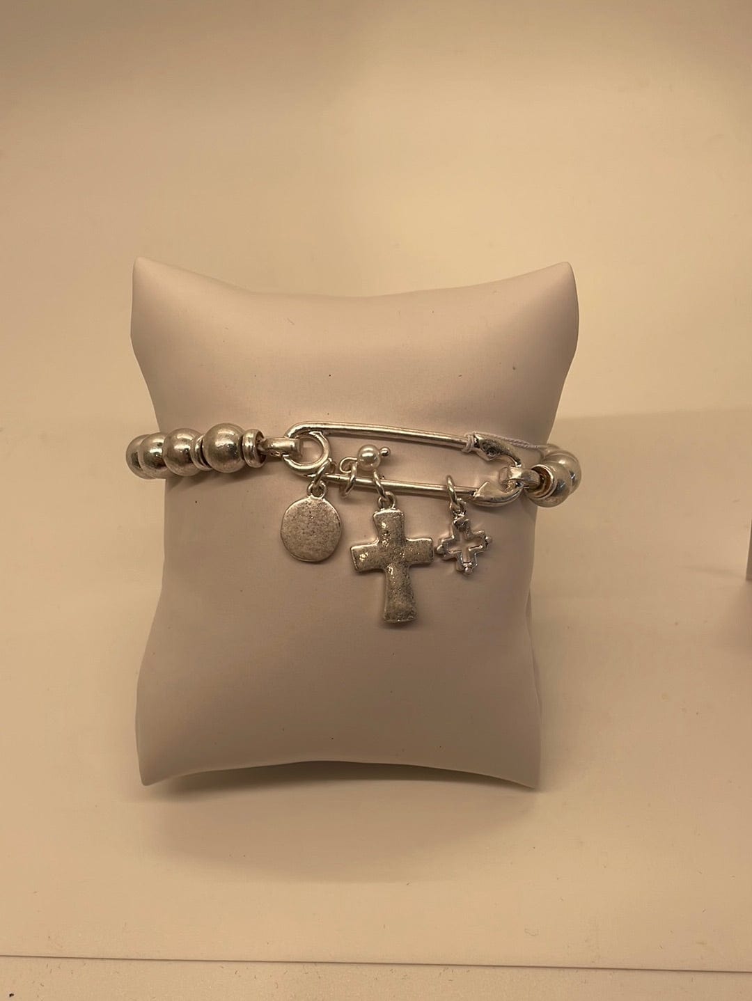 Silver Cross & Safety Pin Beaded Bracelet