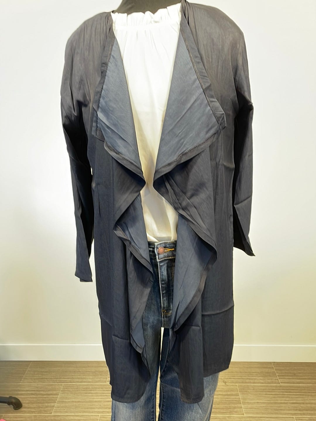 Navy Waterfall Lapel Satin Cardigan