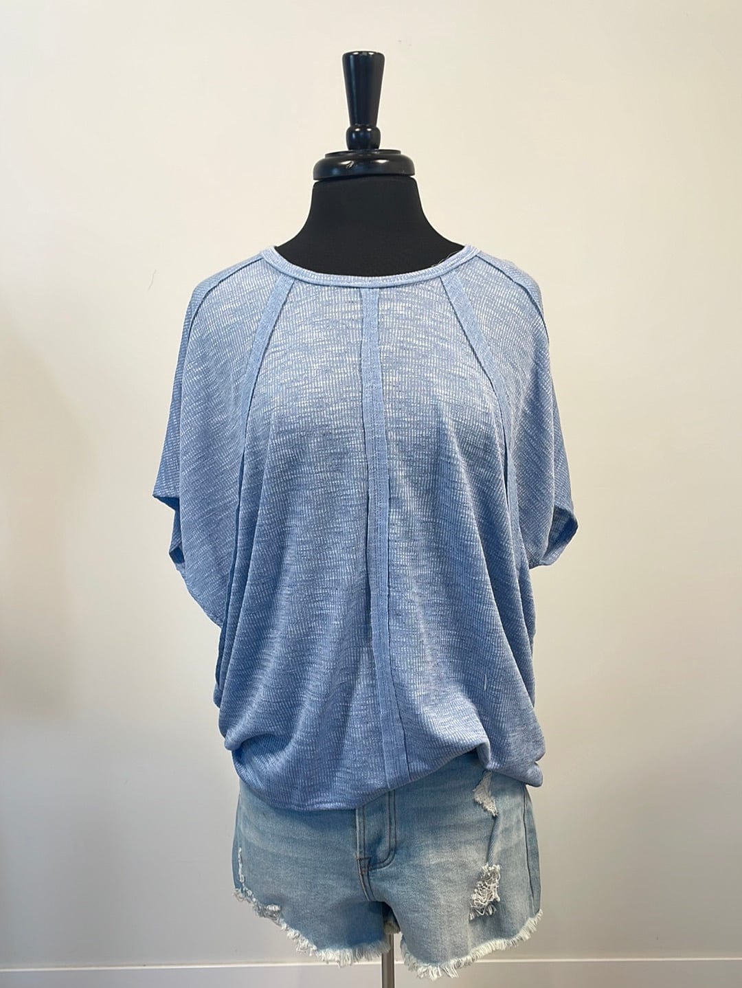 Sky Blue Detailed Shortsleeve Waffle Top