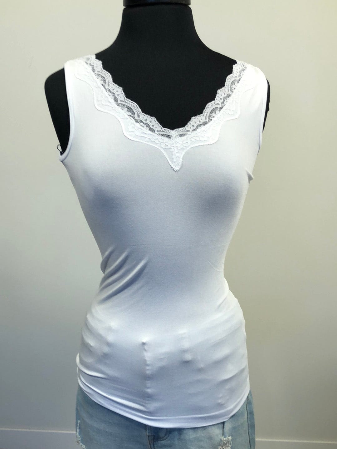 White Lace Trim V-Neck Tank