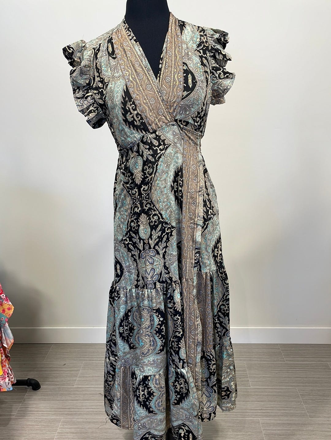 Gold, Black & Mint Wrap Dress