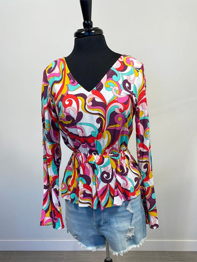 Fountain Print Bell Sleeve Blouse