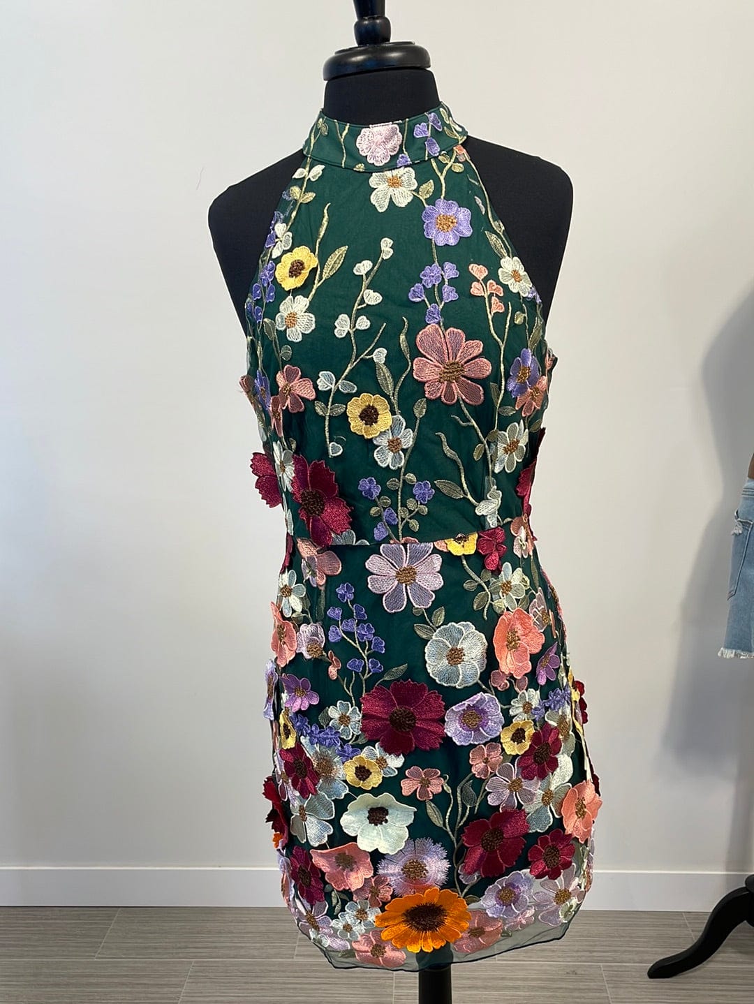 Green Floral Applique Halter Dress