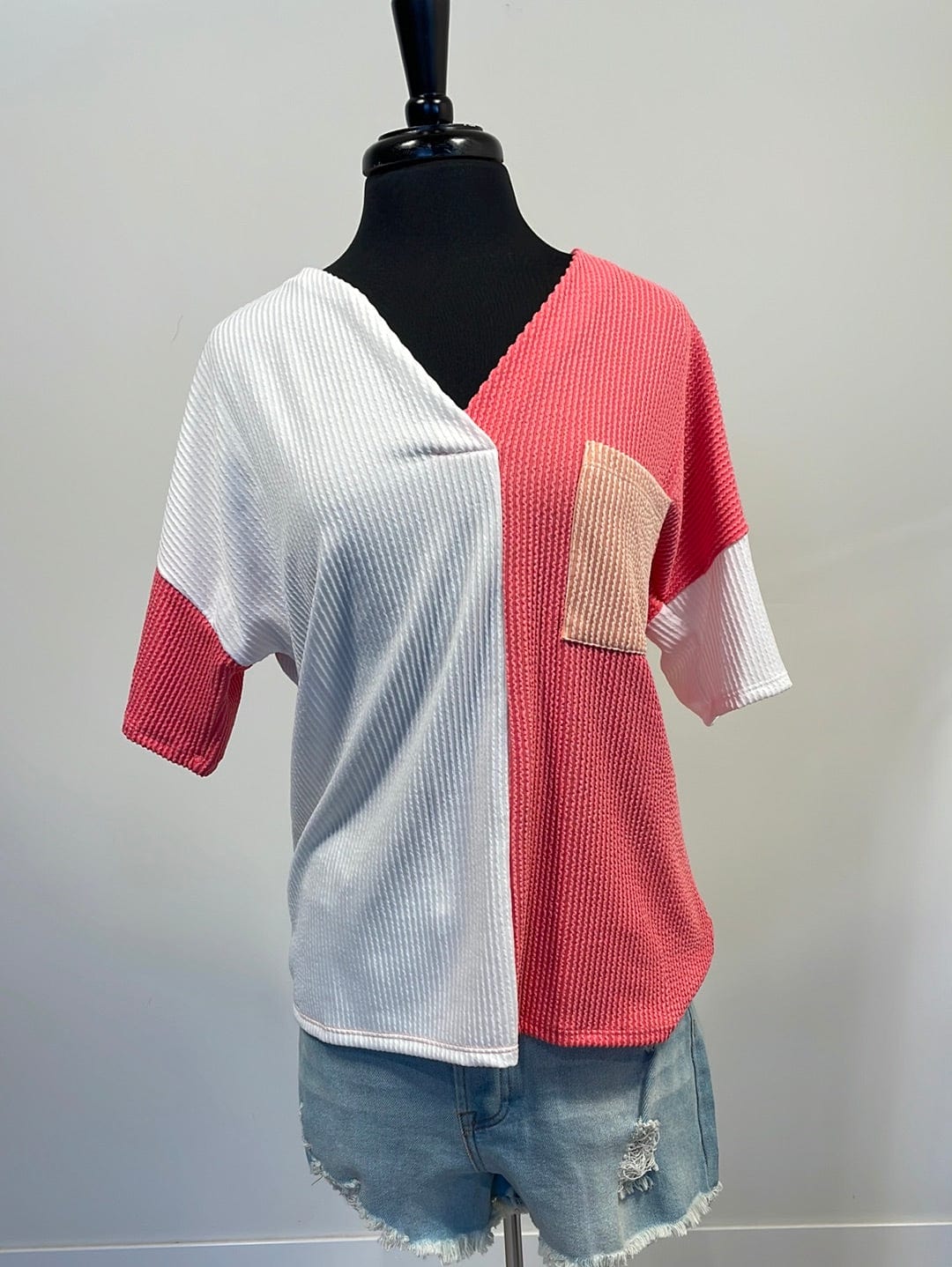 White & Coral Colorblock Top