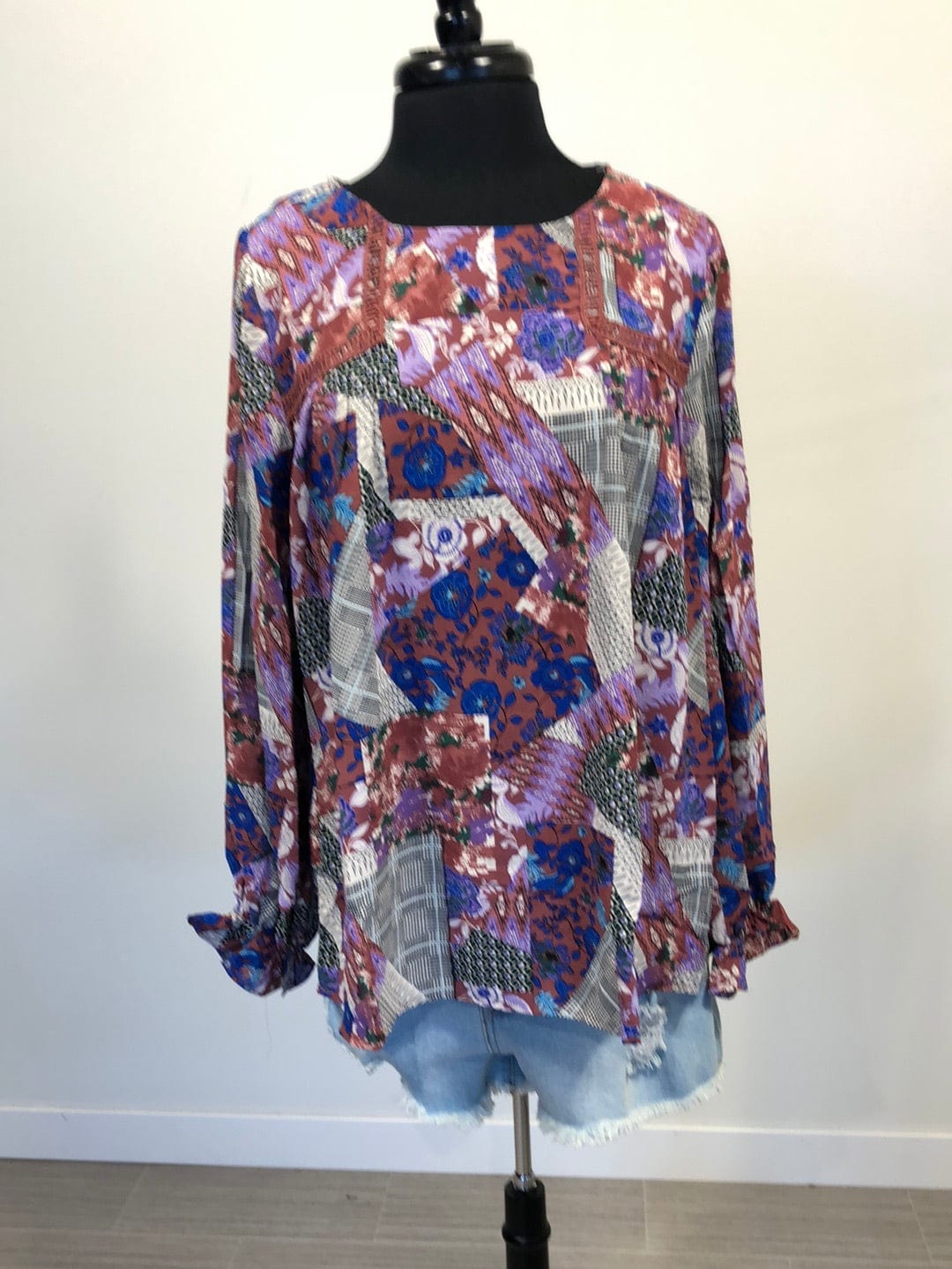 Mauve Patchwork Keyhole Button Back Top