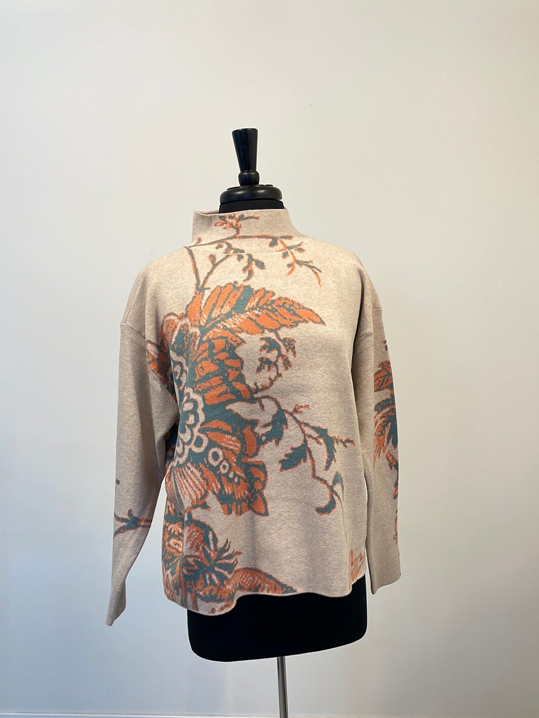 Oatmeal Floral Mock Neck Sweater