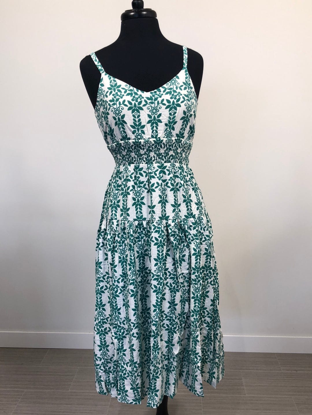 White & Kelly Green Floral Smock Dress