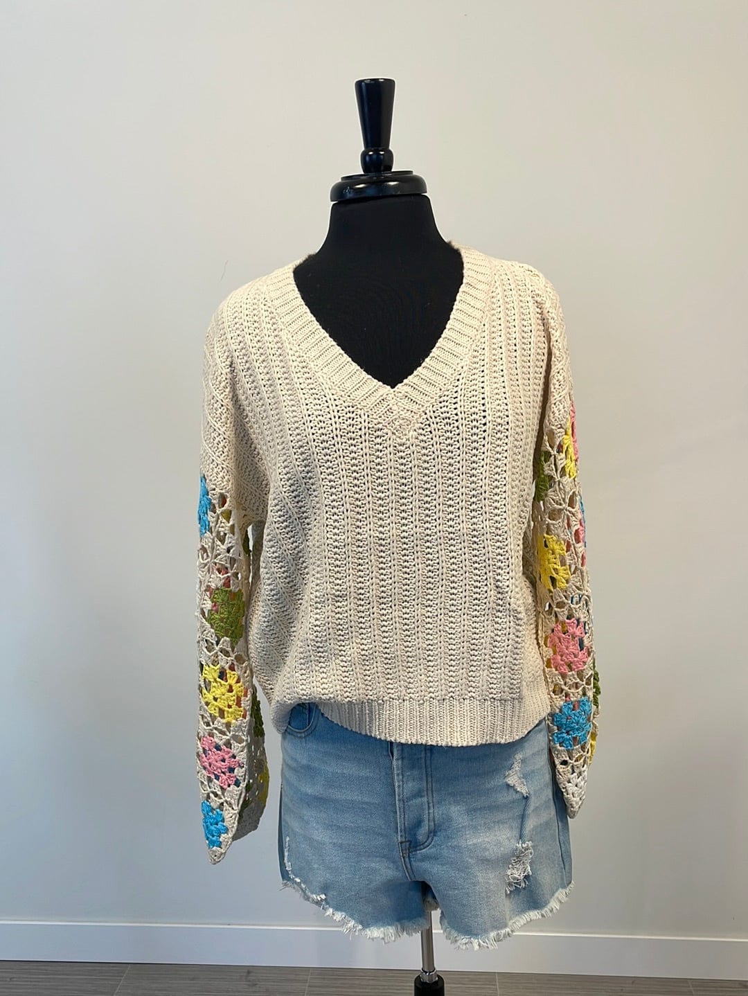 Taupe Multi Color Crochet Sweater