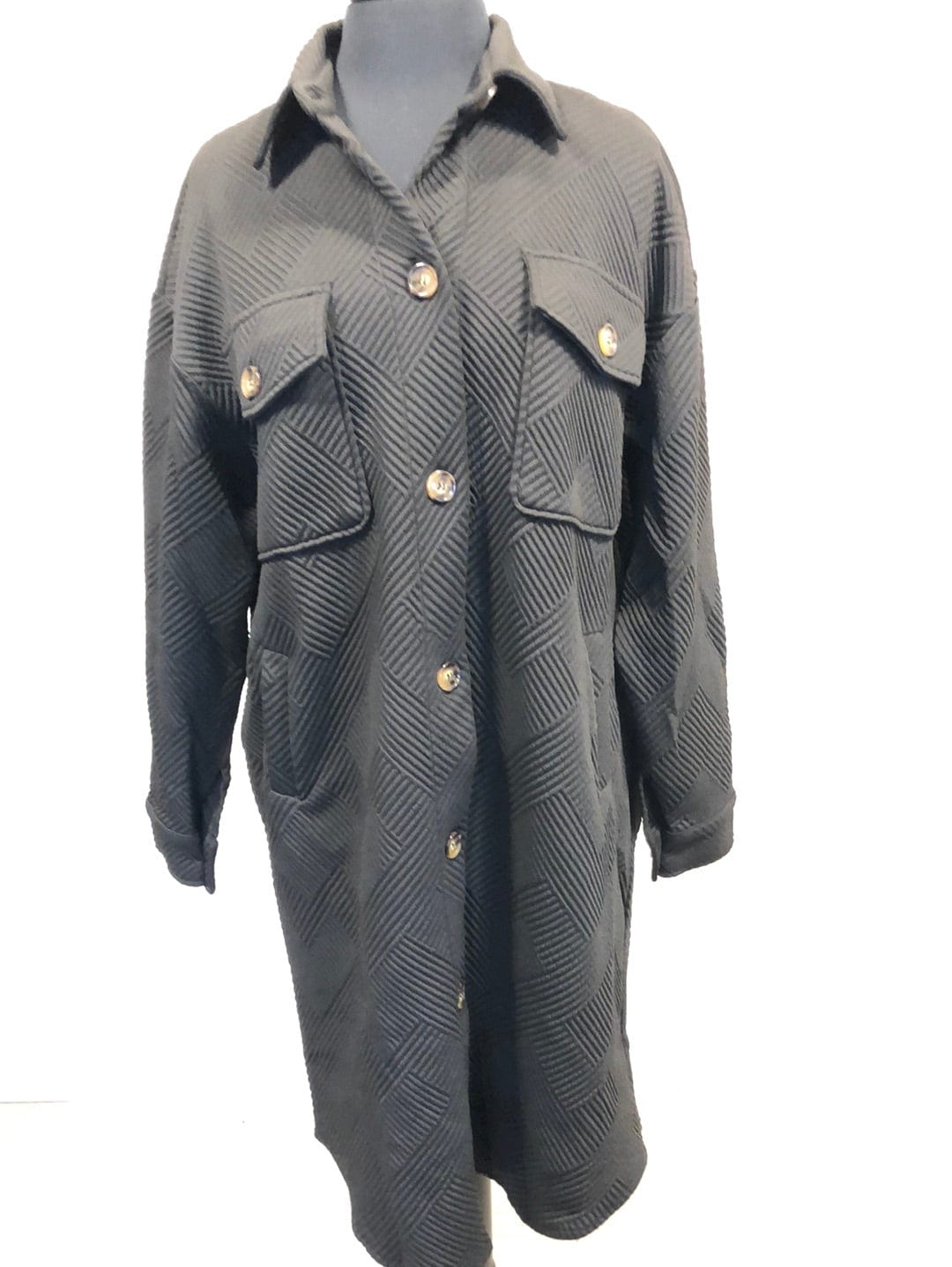 Black Textured Button Down Long Jacket