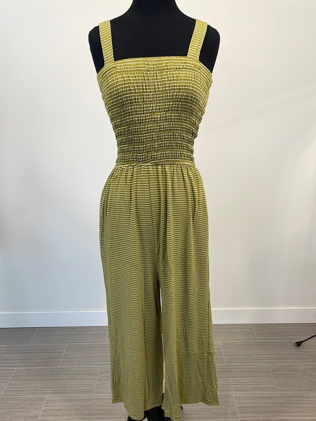 Olive Mustard & Ivory Striped Smocked Top Pocket Jumpsuit