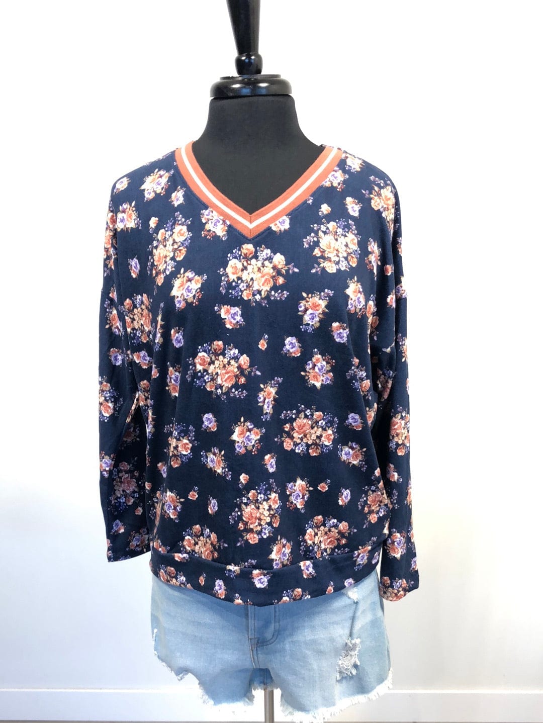 Navy Longsleeve Floral Print Top
