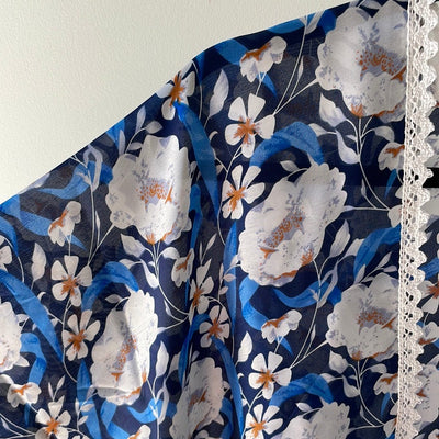 Navy & White Peony Silk Kimono