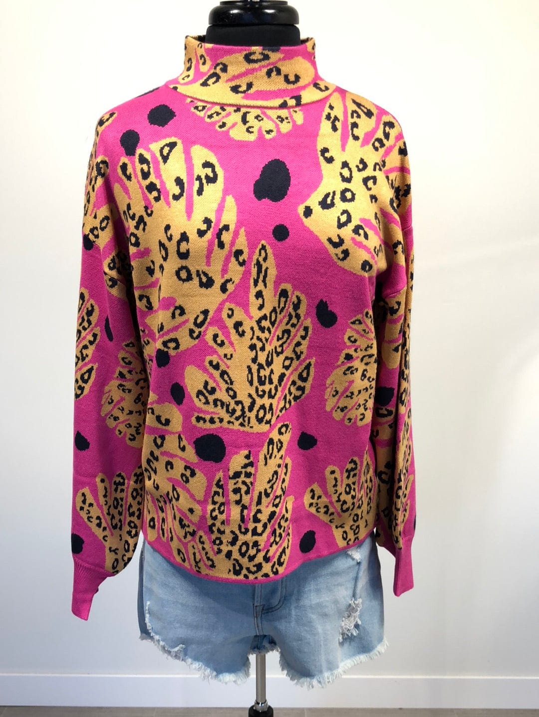 Fuchsia & Mustard Leaves Mock Neck Pullover
