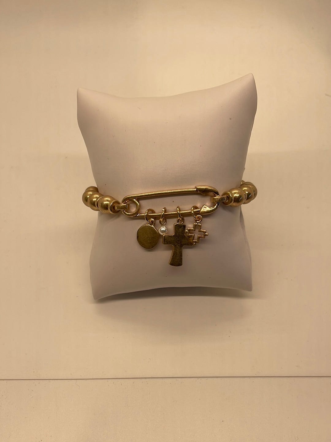 Gold Cross & Safety Pin Beaded Bracelet