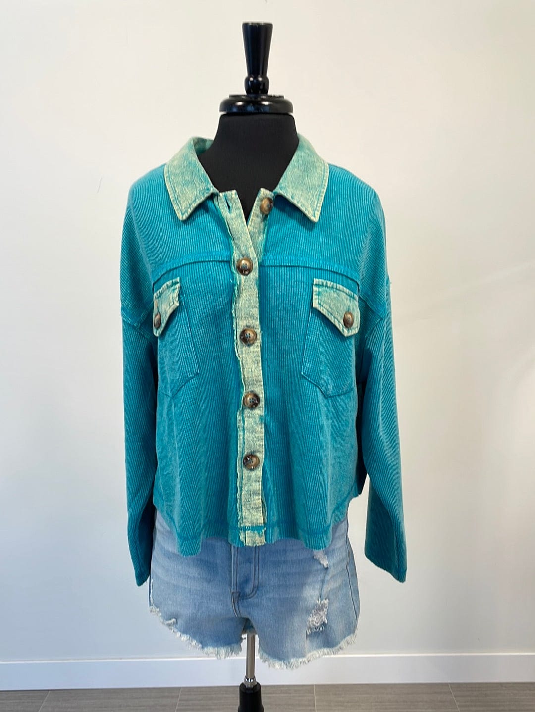 Sea Foam Crop Waffle Button Down Top