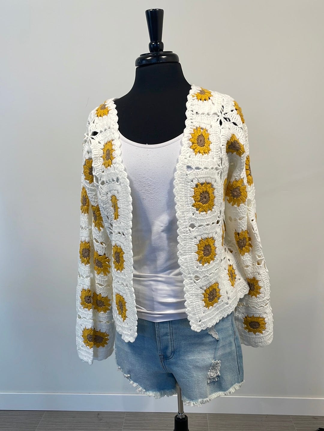 White Sunflower Crochet Sweater