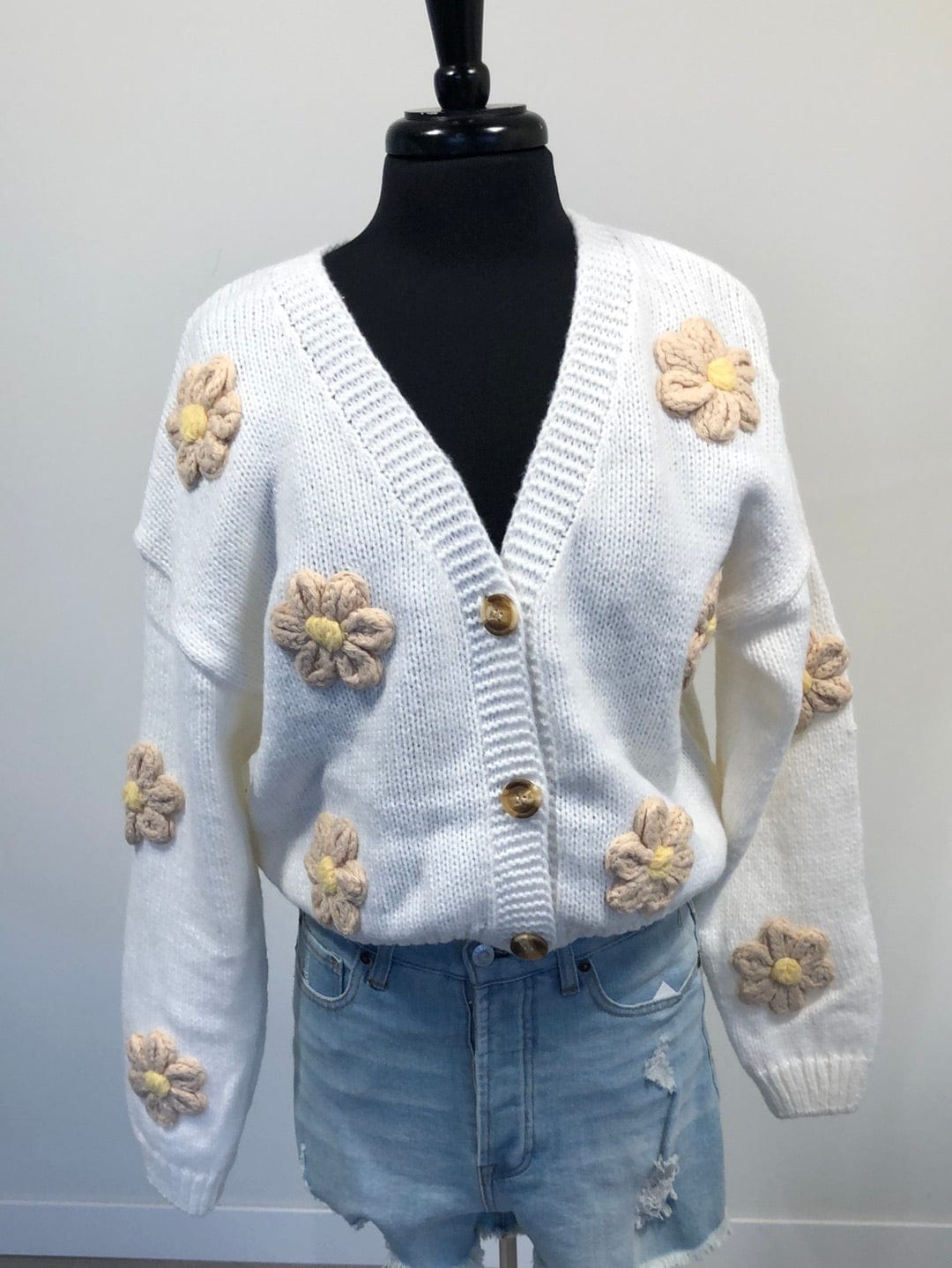 Cropped Cream Floral Cardigan