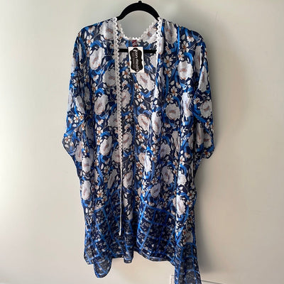 Navy & White Peony Silk Kimono