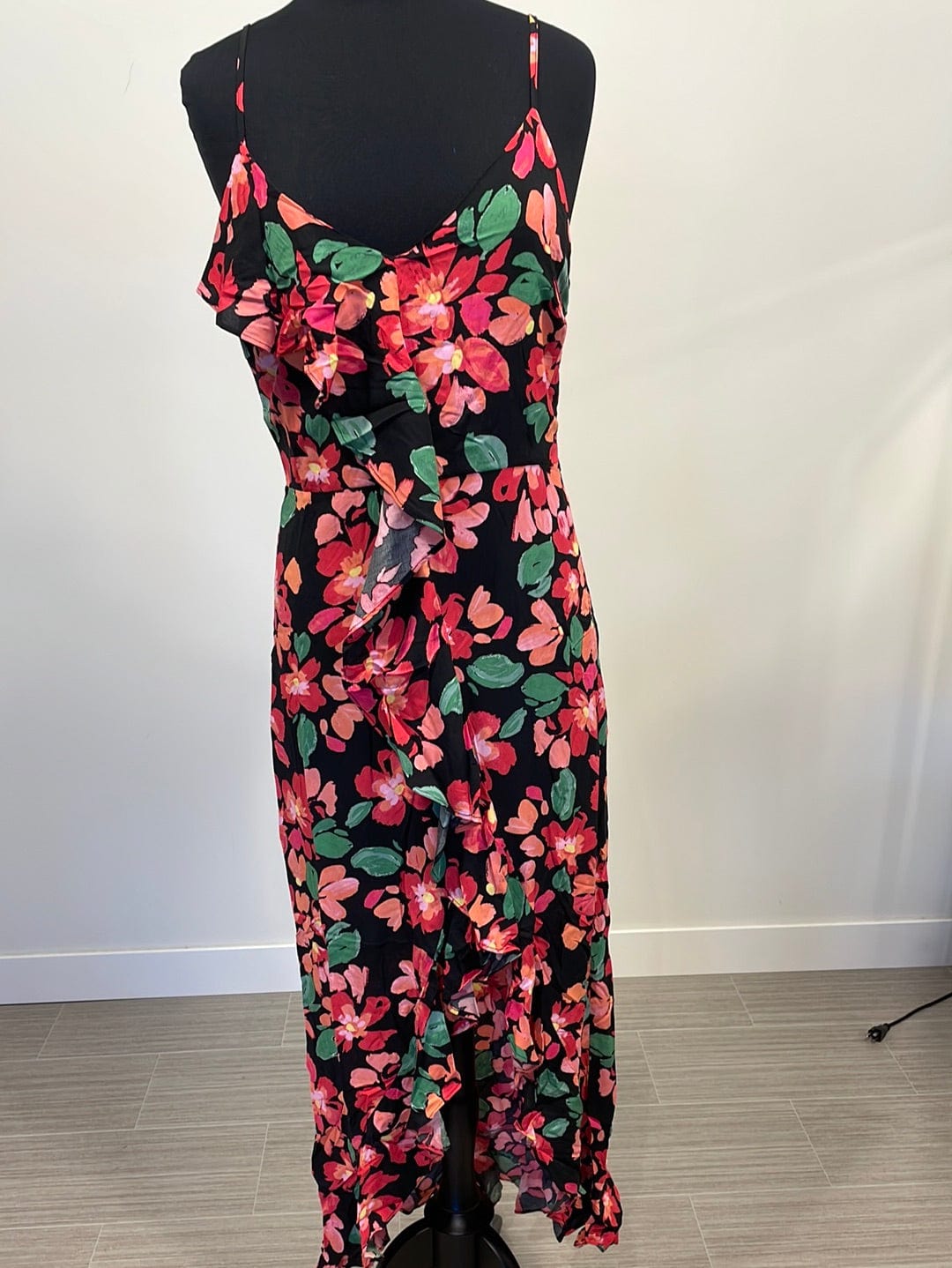 Black Floral Ruffle Front Maxi Dress