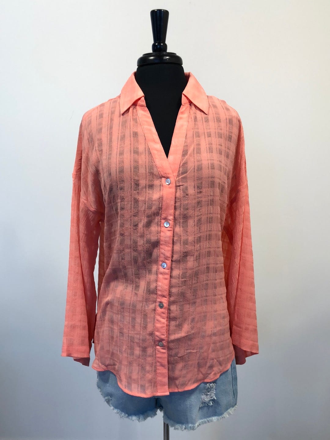 Coral Sheer Button Up