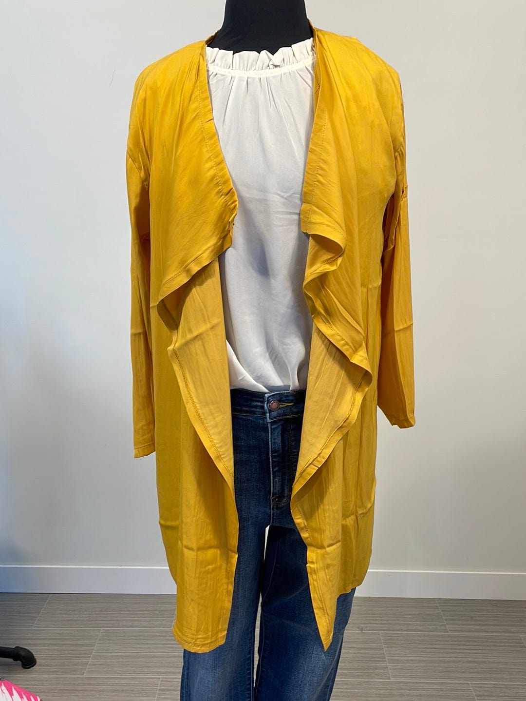Mustard Waterfall Lapel Satin Cardigan